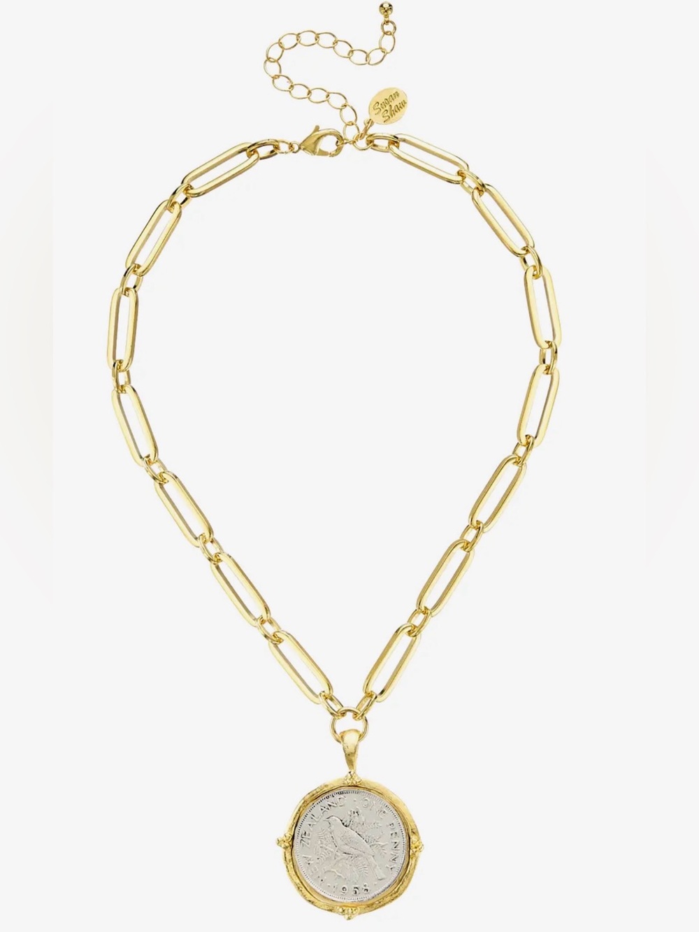 Susan Shaw Gold 1958 New Zealand Tui Bird Coin Pendant paperclip Link Necklace